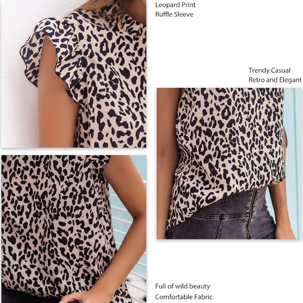 Women's NWOT Tan Leopard Print Mock Neck Ruffle Cap Sleeve Blouse Large Or XL 🐈 - Picture 4 of 13